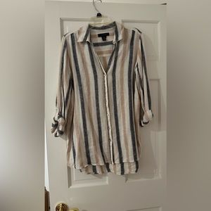 Linen & Rayon/viscose bottom down shirt top. White, beige and gray stripes.